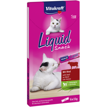 Vitakraft Cat Liquid-Snack ТЕЧЕН СНАКС ЗА КОТКИ с говеждо и котешка трева; 6x15 g